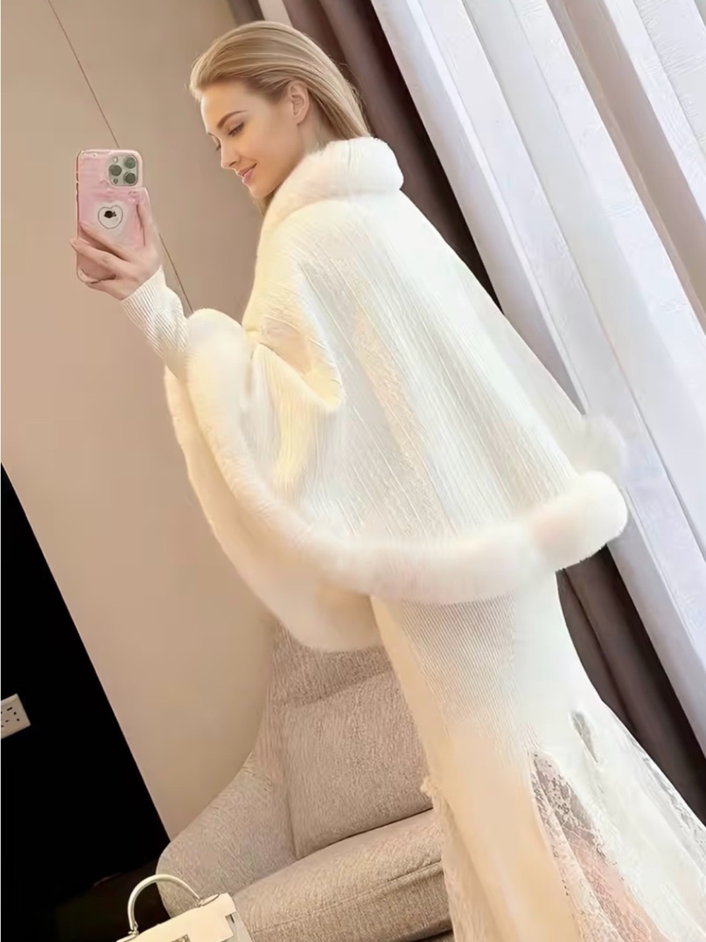 White Faux Fur Trim Cape Coat | Elegant Winter Wrap | One Size